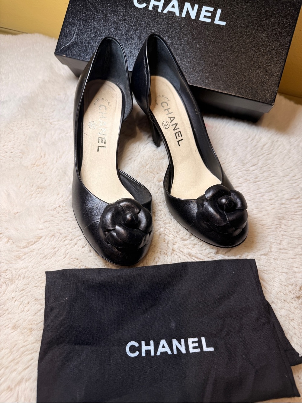Pre-Loved Authentic Chanel Black Camellia Leather Pumps